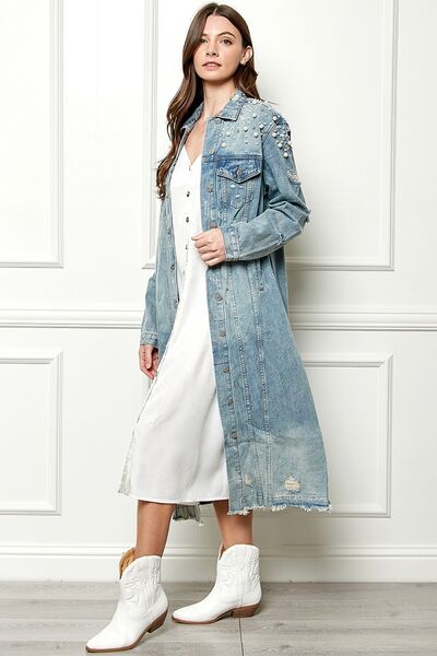 Veveret Full Size Distressed Raw Hem Pearl Detail Button Up Jacket - Shop All Around Divas