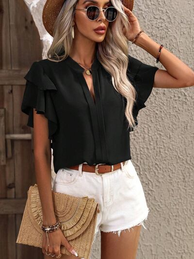 Ruffled Notched Short Sleeve Blouse - 7 Colors