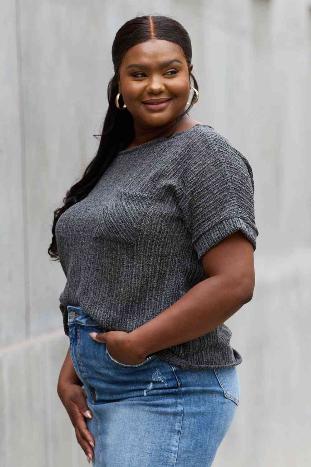 THE BEST Chunky Knit Short Sleeve Top in Gray