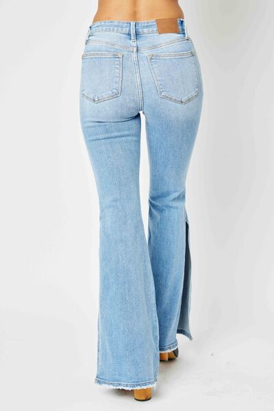 Judy Blue Mid Rise Raw Hem Slit Flare Jeans - Shop All Around Divas