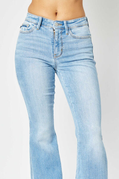 Judy Blue Mid Rise Raw Hem Slit Flare Jeans - Shop All Around Divas