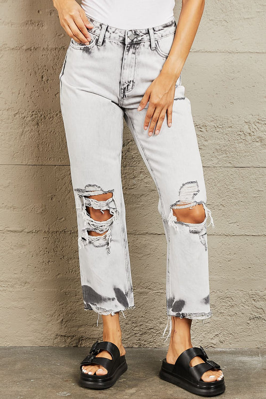 Erica Acid Wash Accent Cropped Mom Jeans
