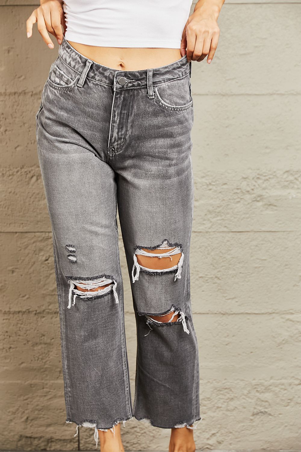 Cassie Mid Rise Distressed Cropped Dad Jeans